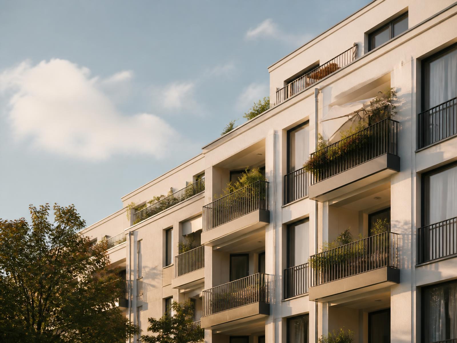 Moderne Wohnimmobilie mit Balkonen im Abendlicht als Beispiel für eine Kapitalanlage